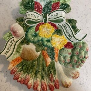 Fitz and Floyd Hand-Painted Herb Basket Wall Plaque in Green, Yellow, Red
